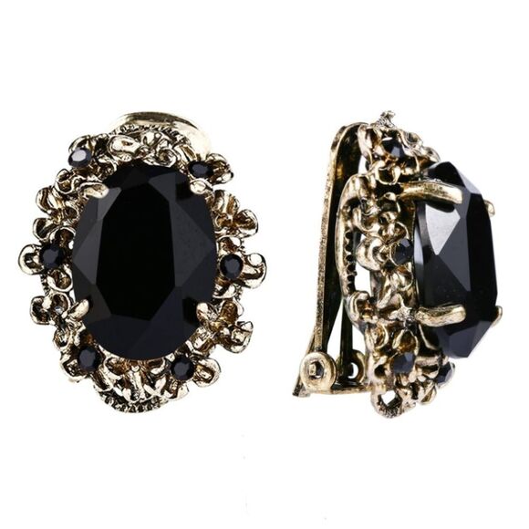 Antique Yellow Gold with Black Onyx Austrian Crystal Cameo Clip On Stud Earrings - Picture 1 of 5